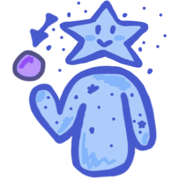 blue figure with star shaped head. Stars are scattered around the head and across the body. Above one arm is a purple ball with an arrow pointing at it.